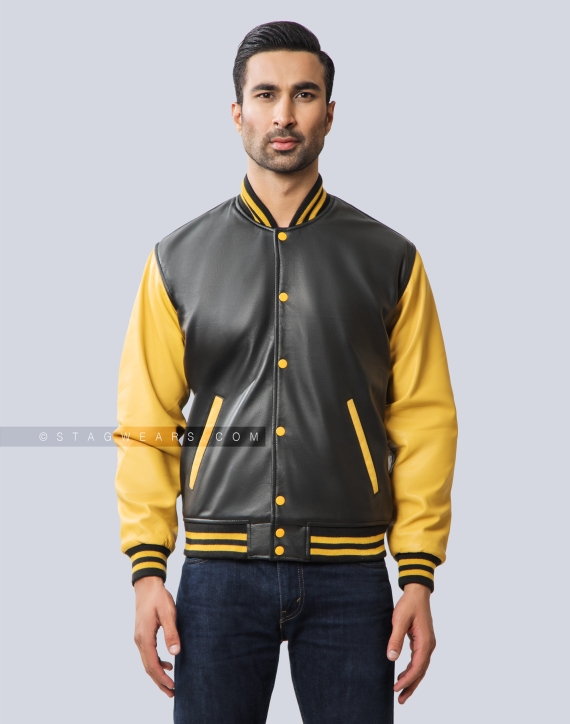 Black Body With Old Gold Sheep Leather Varsity Jacket Front