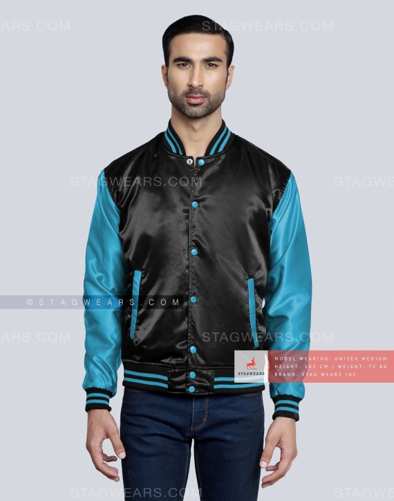 Black Body with Aqua Blue Sleeves Satin Varsity Jacket Front