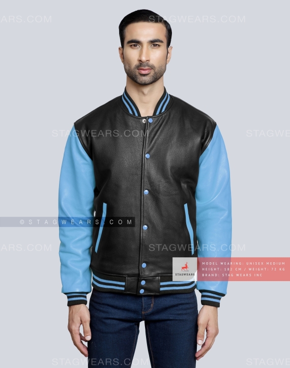 Black Leather body with Sky Blue Leather Sleeves Varsity Jacket Front