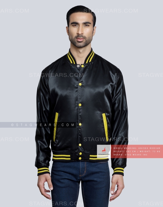 Black Satin Baseball Jacket with Yellow pockets and Knit lines Front
