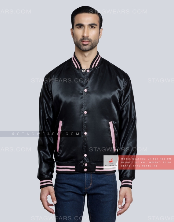 Black Satin Varsity Jacket with Baby Pink pockets and Knit lines Front