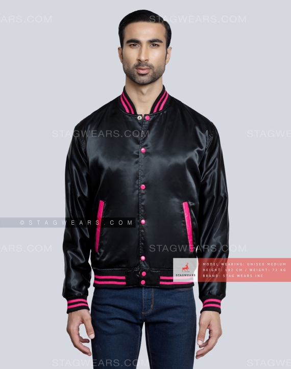 Black Satin Varsity Jacket with Hot Pink pockets and Knit lines Front