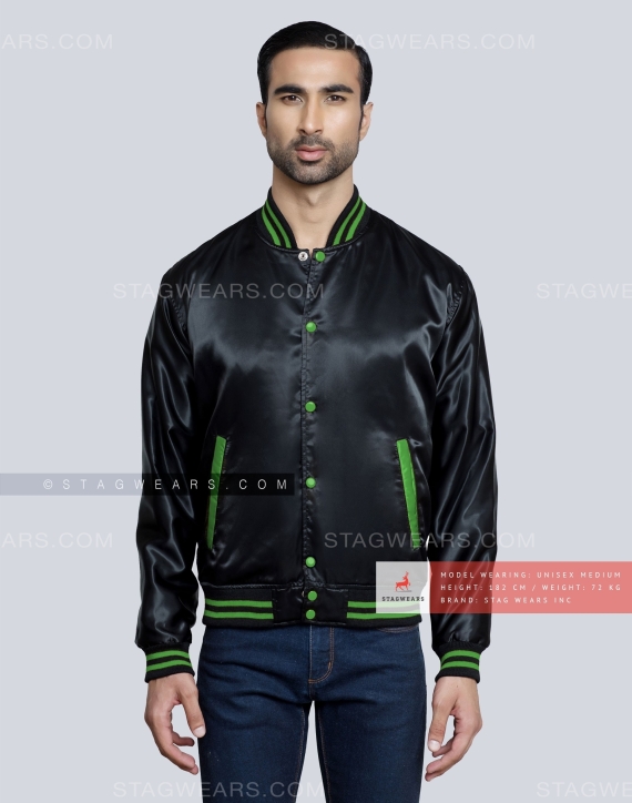 Black Satin Varsity Jacket with Kelly Green pockets and Knit lines Front