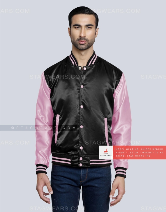 Black body with Baby Pink sleeves Satin Varsity Jacket Front