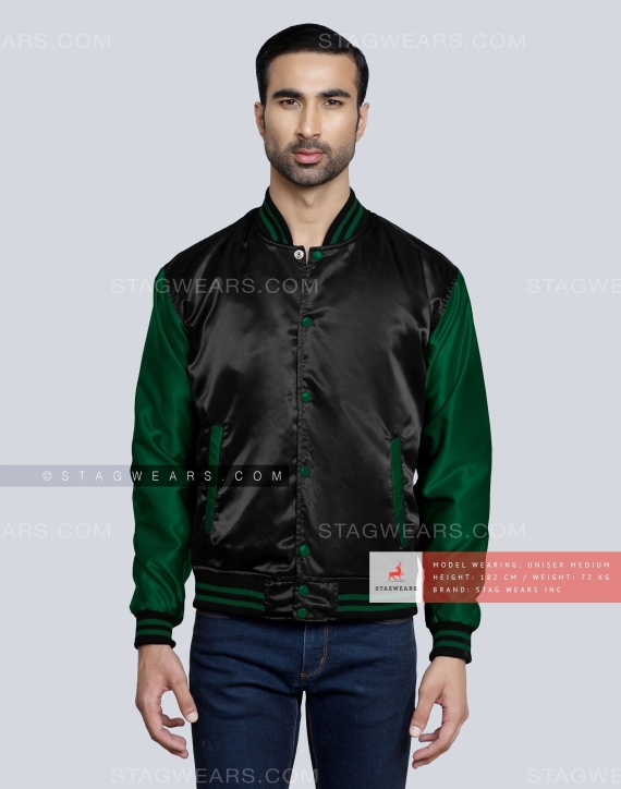 Black body with Forest Green Sleeves Satin Varsity Jackets Front