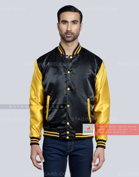 Black body with Gold Sleeves Satin Varsity Jacket Front