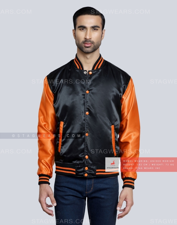 Black body with Orange Sleeves Satin Varsity Jacket Front