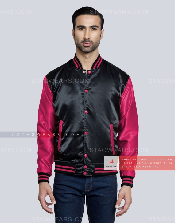 Black body with Pink Satin Varsity Jacket Front