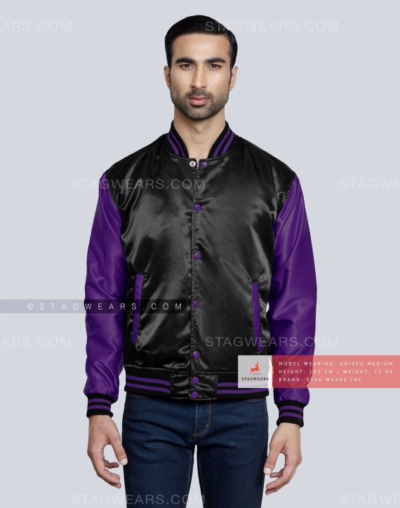 Black body with Purple sleeves Satin Varsity Jacket Front