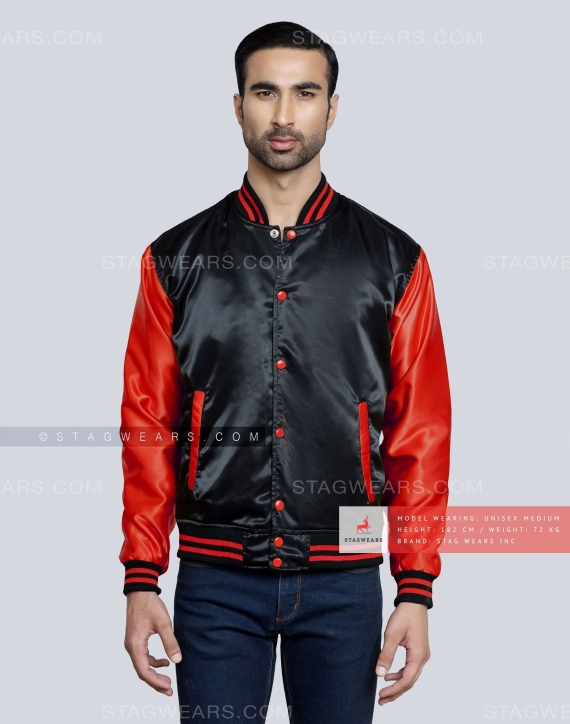 Black body with Red Sleeves Satin Varsity Jacket Front