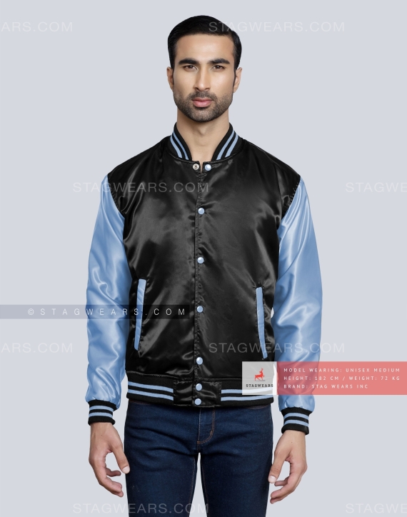 Black body with Sky Blue sleeves Satin Varsity Jacket Front