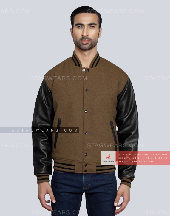 Brown Wool Body with Black Leather Sleeves Letterman Jacket Front