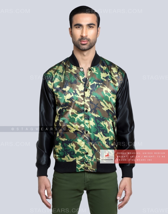 Camouflage Satin Body with Black  Satin Sleeves Varsity Jacket Front