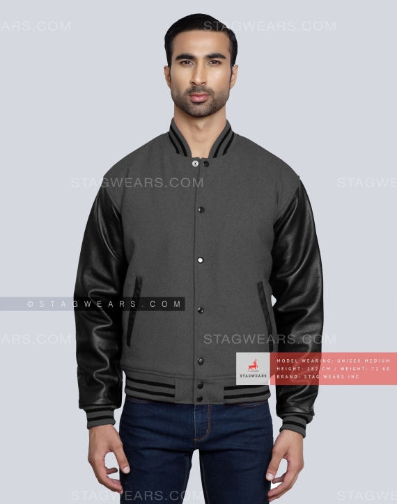 Dark Grey Wool Body with Black Leather Sleeves Letterman Jacket Front