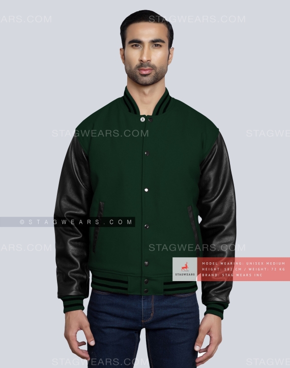 Green Wool Body with Black Leather Sleeves Varsity Jacket Front