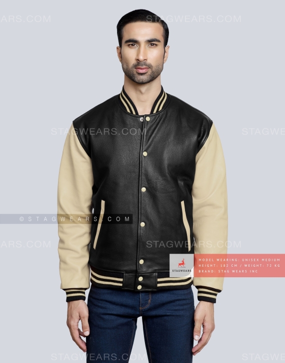 Leather Letterman Jacket with Black Body and Beige Sleeves Front
