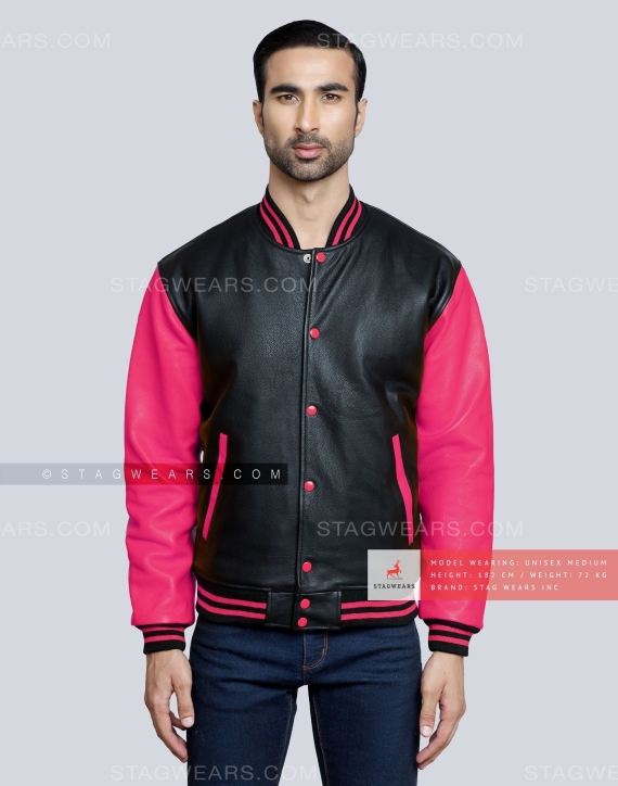 Leather Letterman Jacket with Black Body and Pink Sleeves Front