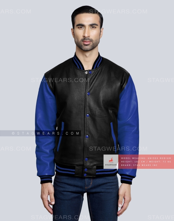 Leather Letterman Jacket with Black Body and Royal Blue Sleeves Front
