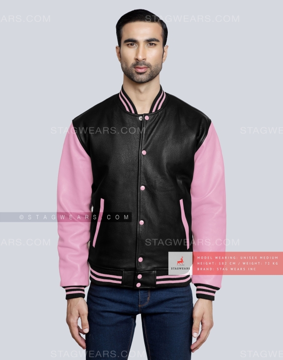 Leather Varsity Jacket with Black Body and Baby Pink Sleeves Front