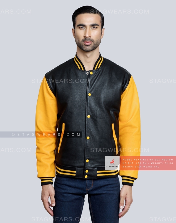 Leather Varsity Jacket with Black Body and Gold Sleeves Front