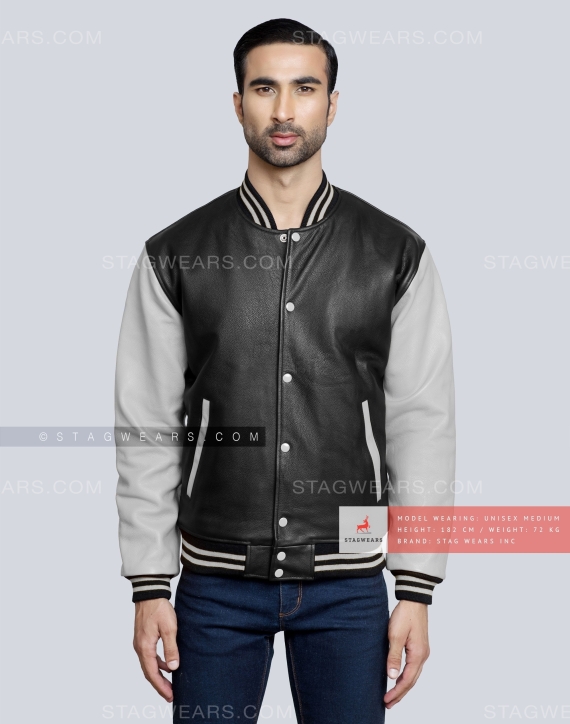 Leather Varsity Jacket with Black Body and Light Grey Sleeves Front