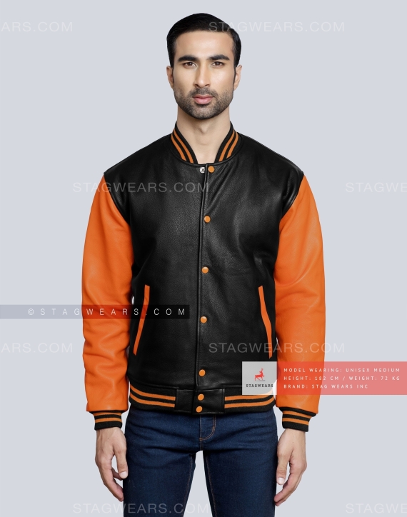 Leather Varsity Jacket with Black Body and Orange Sleeves Front
