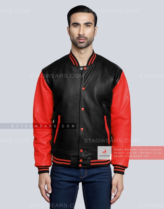 Leather Varsity Jacket with Black Body and Red Sleeves Front