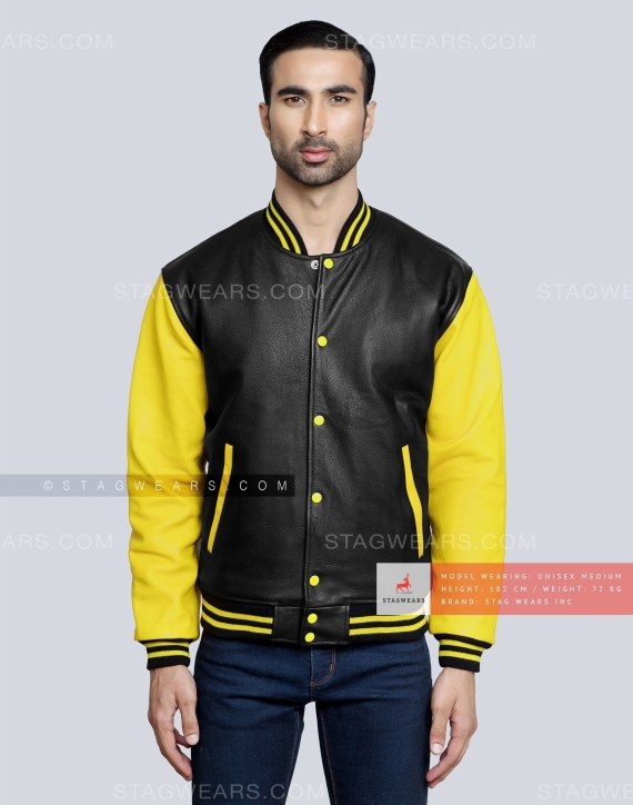 Leather Varsity Jacket with Black Body and Yellow Sleeves Front