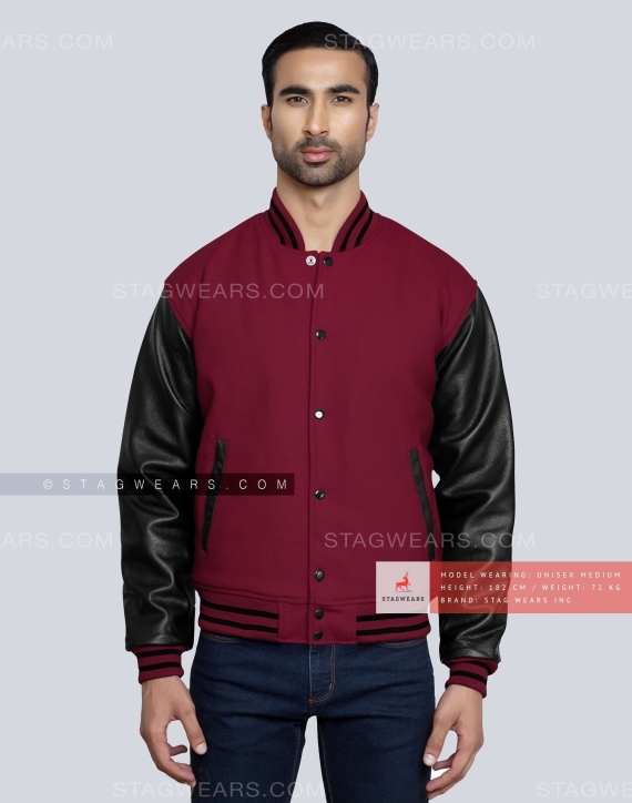 Light Maroon Wool Body with Black Leather Sleeves Varsity Jacket Front