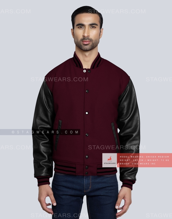 Maroon Wool Body with Black Leather sleeves Varsity Jacket Front