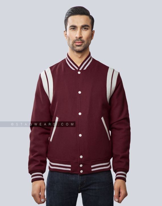 Maroon Wool Letterman Jacket with White Leather Shoulder Insert Front