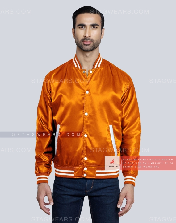 Orange Satin Varsity Jacket Front