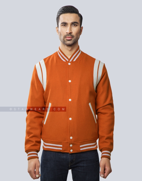 Premium Quality Orange Wool Letterman Jacket with Shoulder Inserts Front