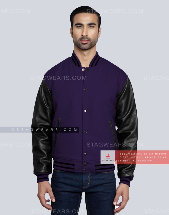 Purple Wool body with Black Leather sleeves Letterman Jacket Front