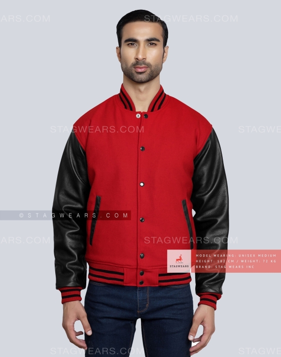 Red Body Wool with Black Leather sleeves Letterman Jacket Front