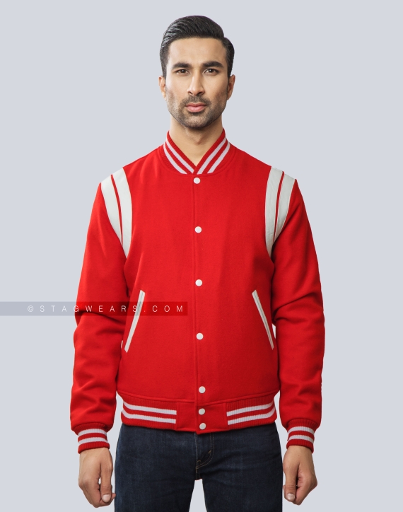 Red Wool Letterman Jacket with White Leather Shoulder Insert Front