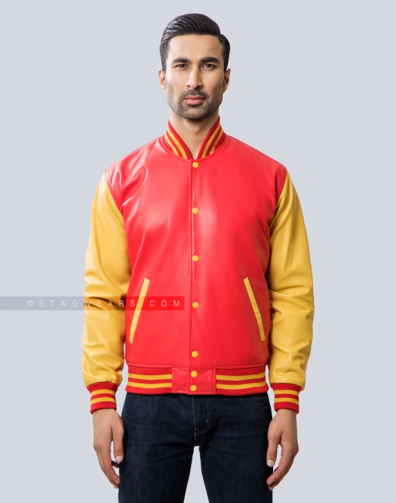 Red and Athletic Gold Sheep Leather Varsity Jacket Front
