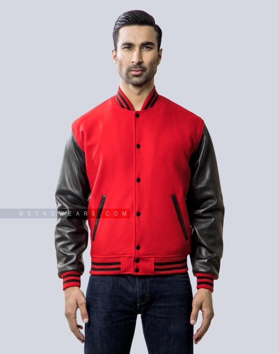 Red wool and Black Sheep Leather Varsity Jacket Front