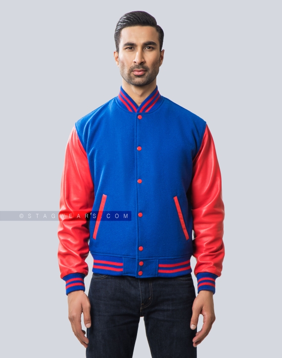 Royal Blue Melton Wool and Red Sheep Leather Sleeves Varsity Jacket Front