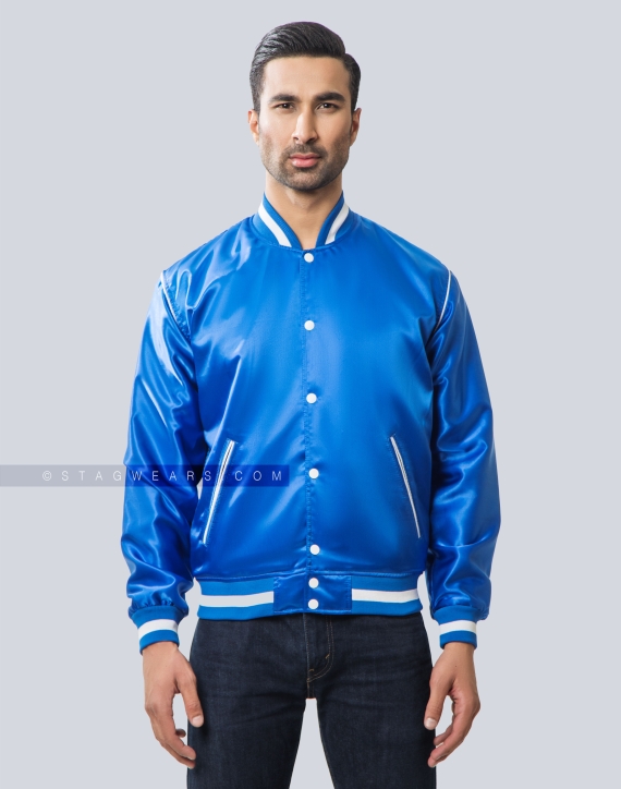 Royal Blue Satin Varsity Jacket with Contrast piping Front