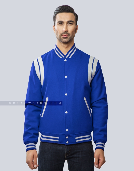 Royal Blue Wool Letterman Jacket with White Leather Shoulder Insert Front