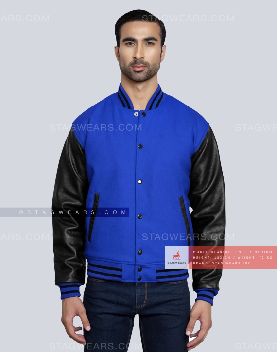 Royal Blue Wool body with Black Leather Sleeves Varsity Jacket Front