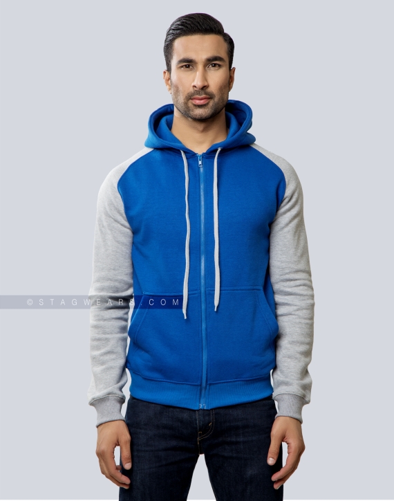 Royal Blue and Grey Fleece Hoodie with zipper Front