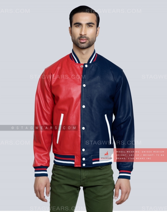 Two-Tone Leather Varsity Jacket (Red/Navy) Front