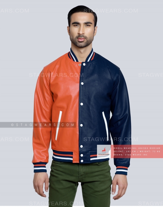 Two Tone Leather Varsity Jacket for Men Front