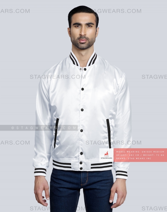 White Satin Baseball Jacket with Black pockets and Knit lines Front