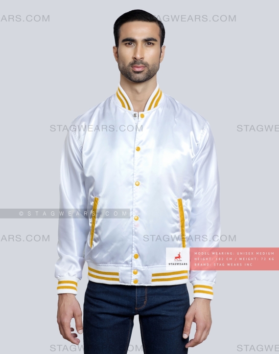 White Satin Baseball Jacket with Gold pockets and Knit lines Front