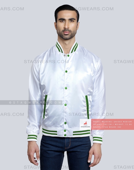 White Satin Baseball Jacket with Green pockets and Knit lines Front