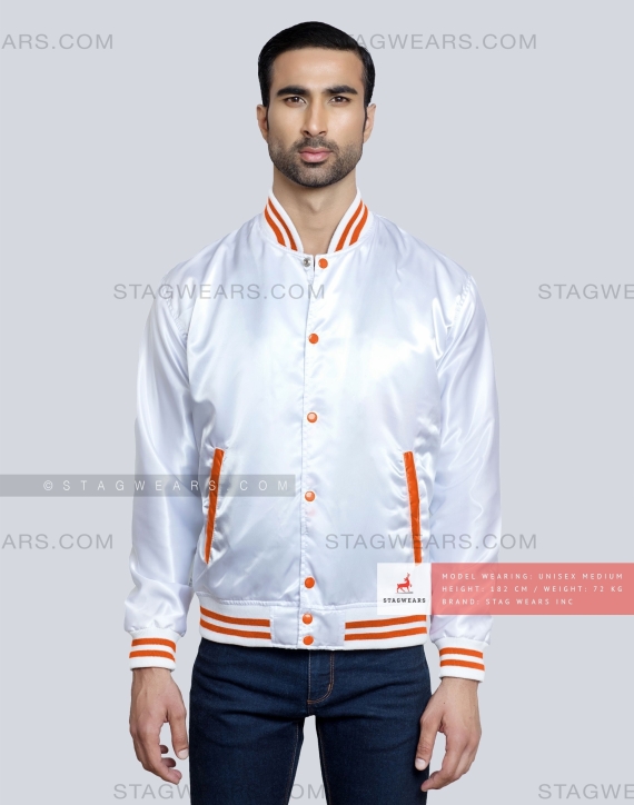 White Satin Baseball Jacket with Orange pockets and Knit lines Front