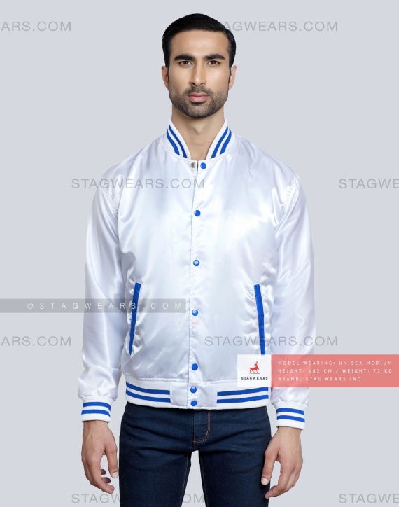 White Satin Baseball Jacket with Royal Blue pockets and Knit lines Front